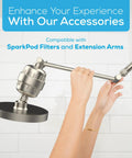 High Pressure Rain Shower Head With No Tools Needed Easy Install, Luxury Brushed Nickel 6 Inch Round, hands adjusting shower arm.