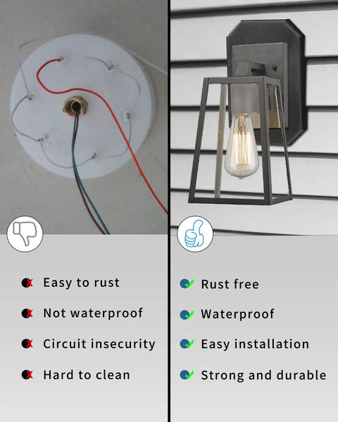 Comparison of an old rust-prone wiring method versus Outdoor Vinyl Siding Light Mounting Block With Built In Electrical Box