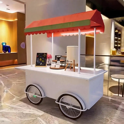 Hustle Made Easy With This Heavy Duty Outdoor Vending Cart, weatherproof canopy, white metal frame, portable cart with wheels.