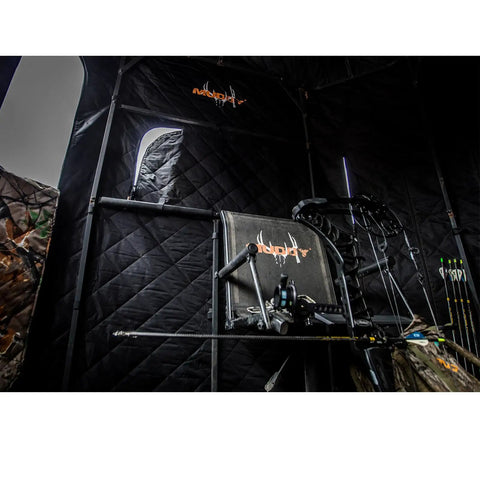 Interior view of Beefy 10 Foot Powder Coated Steel Hunting Tower With 360 Soft Sided Blind, showing quiet zippers and a spacious setup.