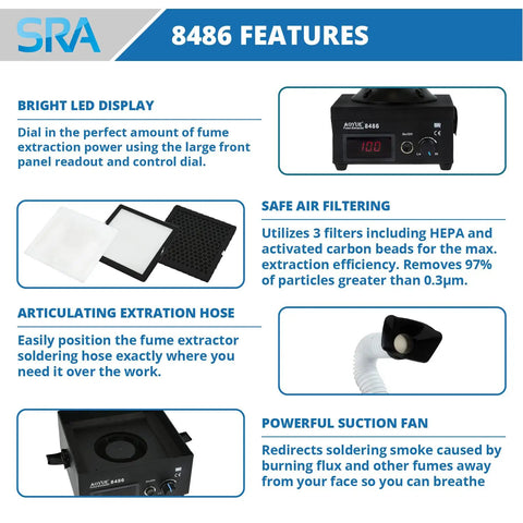 Benchtop Solder Fume Extractor With Heavy Duty Air Suction And Triple Filter System details and features, including LED display and filters.