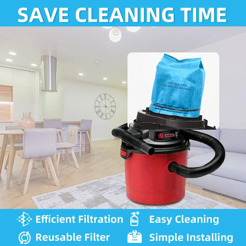 Red vacuum with blue 12 Pack Dust Filter Bags Replacement For 2 To 2.5 Gallon Wet Dry Vacs And Powerhead Bucket Vac.