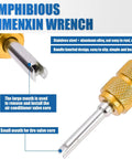 Amphibious Qimenxin wrench showing stainless steel and aluminum materials with knurled handle design for valve core installation.