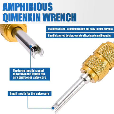 Amphibious Qimenxin wrench showing stainless steel and aluminum materials with knurled handle design for valve core installation.