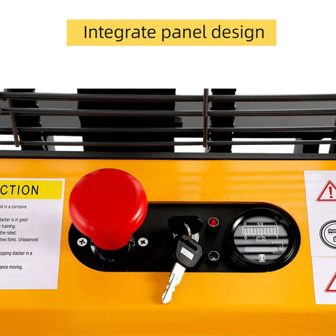 Control panel of Super Lightweight Full Electric Pallet Forklift Stacker, featuring a red emergency stop button and battery gauge.