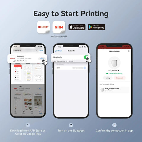 Instructions for Compact Thermal Label Printer 300DPI High Resolution Portable Label Maker Bluetooth setup on mobile app.