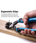 Person using 8 Inch Mini Bolt Cutter With Double Heat Treated CrMo Blades, High Leverage For Easy Cut Through Wires Bolts Chains And Rods, Ergonomic Grips For Comfortable On The Go Use, Blue And Black, cutting a nail on wood.