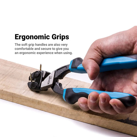 Person using 8 Inch Mini Bolt Cutter With Double Heat Treated CrMo Blades, High Leverage For Easy Cut Through Wires Bolts Chains And Rods, Ergonomic Grips For Comfortable On The Go Use, Blue And Black, cutting a nail on wood.