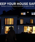 Night scene of house with lights on simulating occupancy, promoting 7-Day Digital Outlet Timer For Indoor Plug-In Lights security.