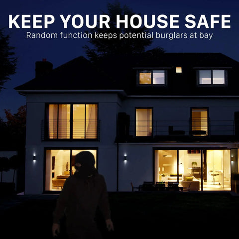 Night scene of house with lights on simulating occupancy, promoting 7-Day Digital Outlet Timer For Indoor Plug-In Lights security.