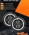 Rugged 7 Inch Round LED Headlights With DRL And Turn Signal DOT Approved, showing two headlights with adapters and wiring