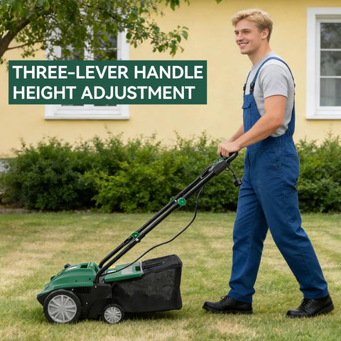 Person using Two In One Electric Dethatcher And Scarifier For Lawns 13 Inch Walk Behind Dethatcher with collection bag