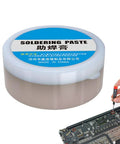High-Performance Rosin-Style Solder Flux Paste for Electronics Repairs, 35g container shown next to PCB repair.