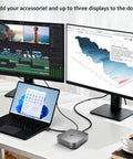Thunderbolt 4 Docking Station For Laptop Charging Bundle Delivering Dual Screen Hookup And 280W Power Adapter with laptop and monitors.