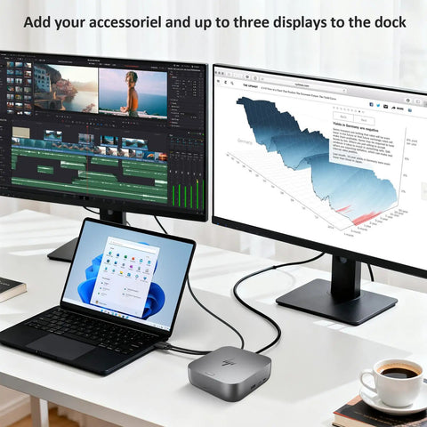 Thunderbolt 4 Docking Station For Laptop Charging Bundle Delivering Dual Screen Hookup And 280W Power Adapter with laptop and monitors.