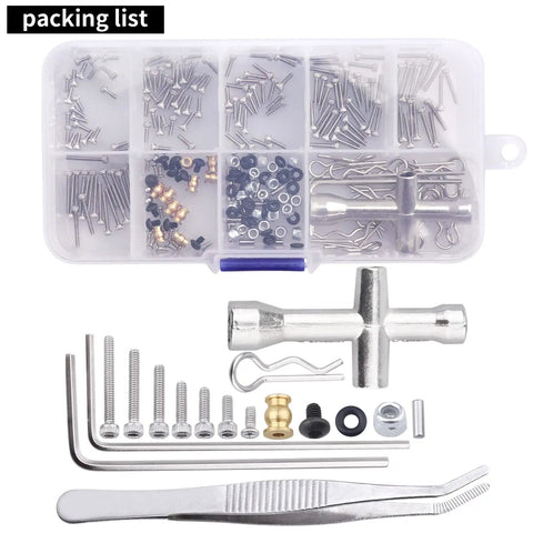 276 Piece RC Screw Kit And Repair Tool Set For Axial SCX24 1/24 Crawler Trucks, metal screws, wrenches, and tools.