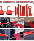 Auto Trim Removal Tool & Suction Cup Set for car interior trim and panel removal, featuring red pry bars and plastic tools.