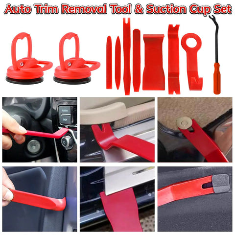 Auto Trim Removal Tool & Suction Cup Set for car interior trim and panel removal, featuring red pry bars and plastic tools.