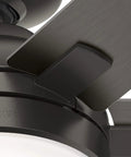 Close-up of Indoor Ceiling Fan With LED Light In Rustic Bronze Finish, showing detailed blade attachment and motor housing.