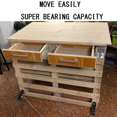 Tough As Nails Workbench Caster Kit Set Of 4 Features Retractable Step Down Swivel Wheels For Silent Table Rolling and Rock Solid 300kg Load Rating on wooden workbench.