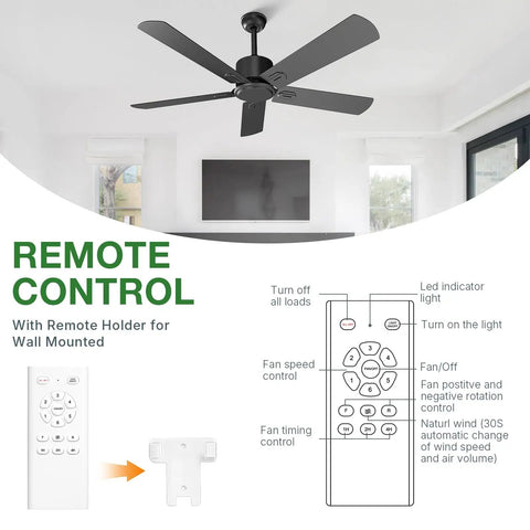 52 Inch Black Outdoor Flush Mount Ceiling Fan With Remote Control No Light, 5 Blades, 6 Speed DC Motor shown in living room