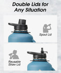 Half Gallon Insulated Water Jug With Comfy Grip Handle Keeps Your Drinks Ice Cold All Day Long No Fuss Carry Design showing spout and straw lids.