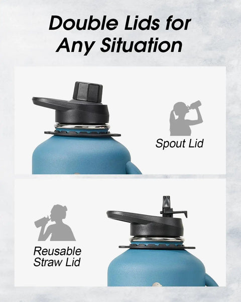 Half Gallon Insulated Water Jug With Comfy Grip Handle Keeps Your Drinks Ice Cold All Day Long No Fuss Carry Design showing spout and straw lids.