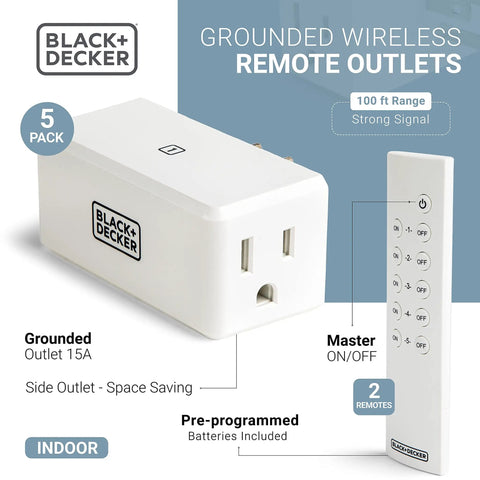 Wireless Remote Outlet Pack With Five Outlets And Two Remotes For Easy Home Control Plug And Play Smart Switches display
