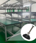Rock Solid 4 Pack Adjustable M8 x 50mm Leveling Feet Featuring Hella Durable Nylon Bases And Heavy Duty Swivel Casters For Tables Desks Shelves with a focus on a leveling foot under a sturdy table.