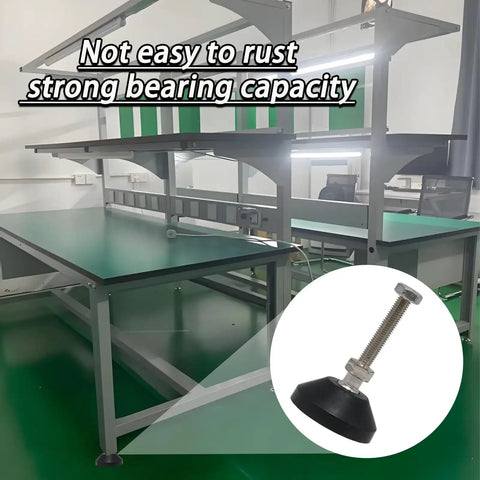 Rock Solid 4 Pack Adjustable M8 x 50mm Leveling Feet Featuring Hella Durable Nylon Bases And Heavy Duty Swivel Casters For Tables Desks Shelves with a focus on a leveling foot under a sturdy table.