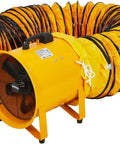 12 Inch 3500 CFM Utility Blower Exhaust Fan with 16.4 Ft Duct, yellow, for workshops and confined spaces, shown with duct extended