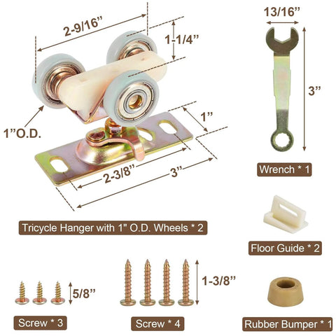 Pocket Door Roller Replacement Kit With 1 Inch O D Wheels For 100, 134F, 138F, 2610F Track Systems with components labeled