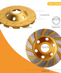 5 Piece Turbo Diamond Grinding Cup Wheels For Angle Grinders 4 Inch showing size details, 12 segment design for concrete and tile.