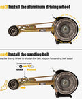 Heavy Duty Two Forty Eight Belt Grinder Attachment With Seven Inch Disc Sander Mount showing installation steps for driving wheel and sanding belt.