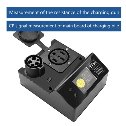 Real Deal Portable J1772 Electric Vehicle Charger Tester With Built In Resistive Load And Vehicle Simulator ready for field testing, showing connectors and LCD.