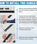 Installation guide showing steps to attach a handle using metal plates, screws, and a wrench on a surface.