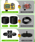 Smart Drip Irrigation System With LCD Timer And 246 Foot Layout featuring upgraded timer, hoses, and branch lines.