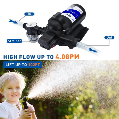 110V Fresh Water Pump That Works Like A Dream 4GPM 45PSI Self Priming Booster Transfer On Demand Diaphragm image showing pump with input and output connections.