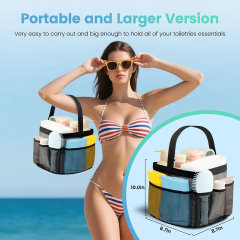 Durable Mesh Shower Caddy With Nine Pockets for dorm room essentials, shown on beach, highlighting portability and size.