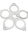 Five metal exhaust flange gaskets with circular center opening and bolt holes, 2.5-inch (63.5 mm) size.