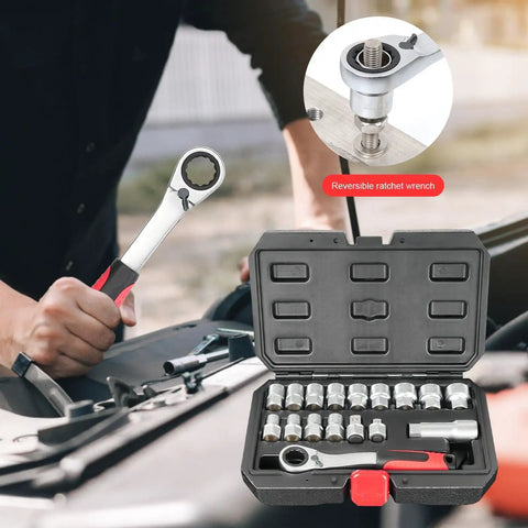 Mechanic using Beefed Up Heavy Duty Socket And Ratchet Set for car repair with visible socket case and reversible ratchet wrench.