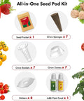 Hydroponic Seed Kit For Strawberry And Tomato Growing Systems With 350 Germinating Seeds Red Cherry Tomato Golden Cherry Tomato White Strawberry And Red Strawberry Includes Seven Pods Baskets Domes Stickers And Plant Food components shown.