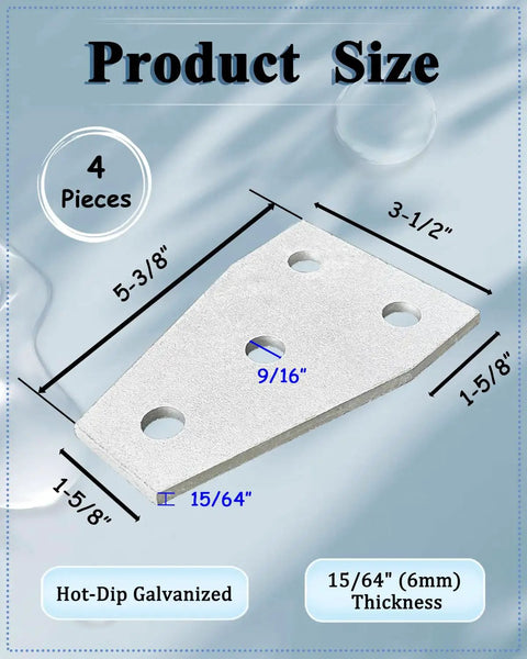 Hot Dipped Galvanized 4 Pack Flat Tee Plate With 4 Holes 6mm Thick Flat Connector Bracket For One And Five Eighths Inch Strut Channel Built Tough Heavy Duty Steel For Outdoor And Industrial Use size diagram, 4 pieces