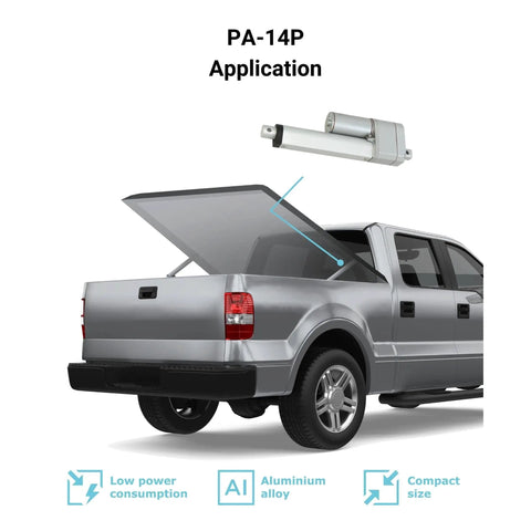 12 Volt Potentiometer Feedback Mini Linear Electric Actuator used in truck automation, showing opened truck bed, compact design.