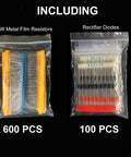 Massive 1400 Piece Electronics Component Kit With Six Types For DIY Projects showing metal film resistors and rectifier diodes