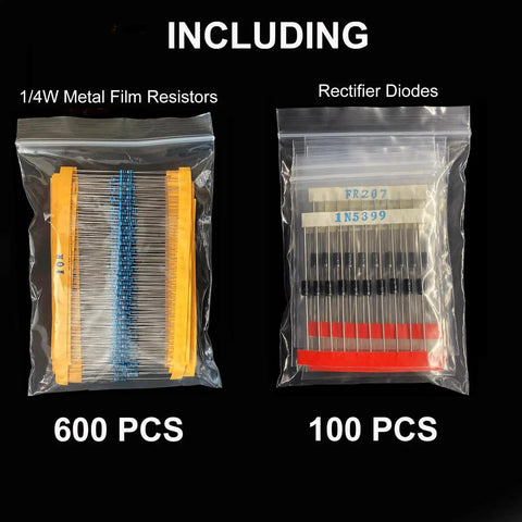 Massive 1400 Piece Electronics Component Kit With Six Types For DIY Projects showing metal film resistors and rectifier diodes