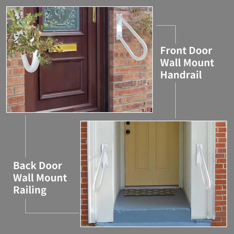 Outdoor Stair Handrails Rock Solid Wall Mount With White Powder Coat Finish installed at front and back door entrances