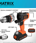 20V MAX Cordless Drill And Impact Driver Combo Kit With Matrix Quick Connect System showing quick-release chuck and LED light