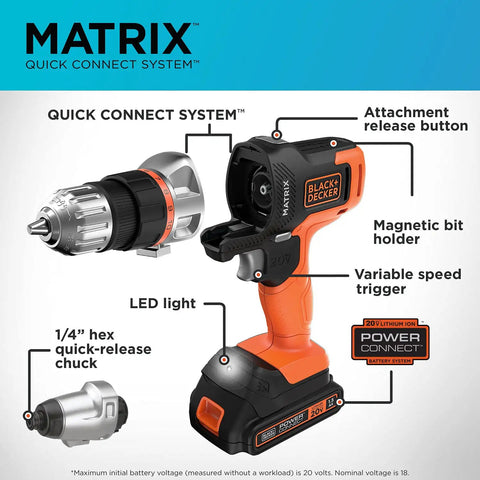 20V MAX Cordless Drill And Impact Driver Combo Kit With Matrix Quick Connect System showing quick-release chuck and LED light