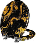 Elongated Resin Toilet Seat for Bathroom with a black and gold marbled design, measuring 14.5" x 18.5".